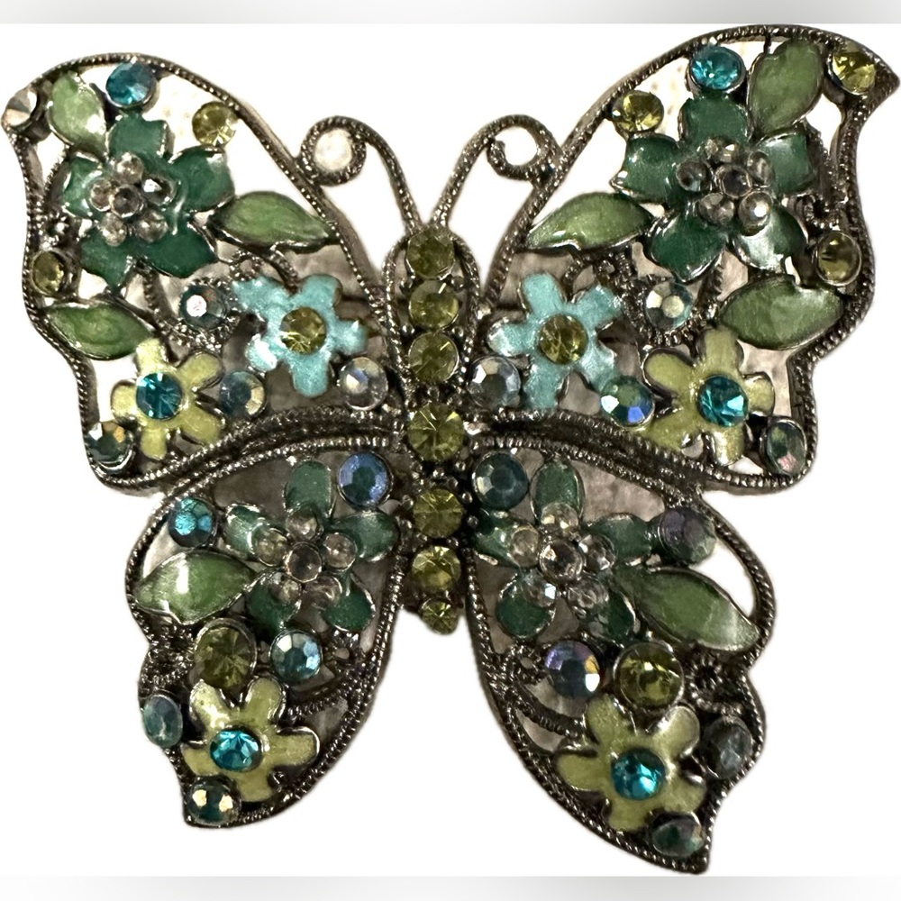 Vintage 1990's Carol Dauplaise Rhinestones Crystals Floral Butterfly Brooch Pin